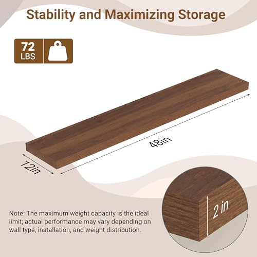 Image of 48 Inch Floating Shelves, 12 Inch Deep Floating Shelves for Wall, Extra Deeper & Thicker Wooden Wall Shelf with Invisible Brackets, Shelf for Bedroom Living Room Home Decor(Walnut, Set of 2)