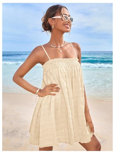 Image of MakeMeChic Women's Babydoll Dress Sleeveless Swing Shirred Mini Dresses | Beach, Summer, Sundress, Ruffle, Casual Dress, Flowy Dress