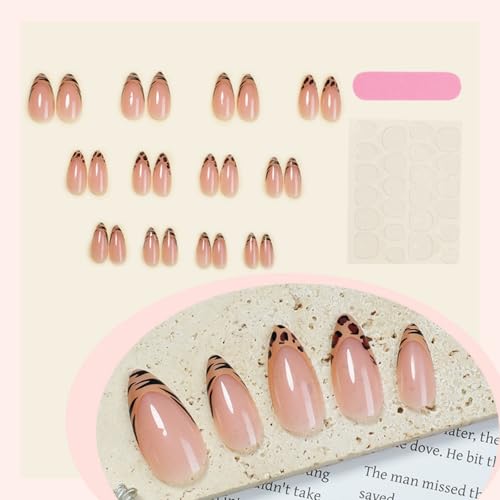 Image of Leopard Print Nails Press ons French Tip Press on Nails Medium Almond Fake Nails Nude Glue on Nail Glossy Full Cover Artificial Acrylic Stick on Nail for Women Manicure 24Pcs