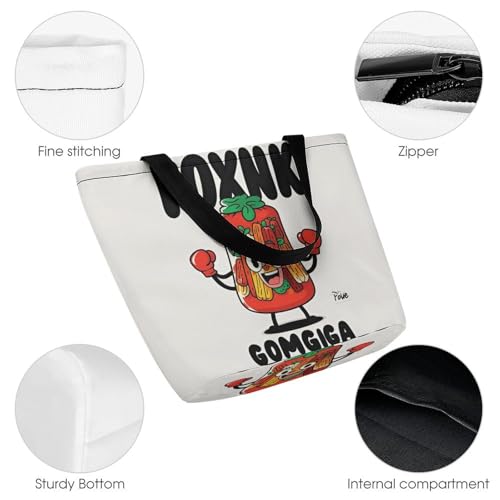 Interesting Boxing Kimchi Cartoon Tote Bag for Women Cosmetic Bag with Zipper, Reusable Wide Opening Handbag for Work, Travel3