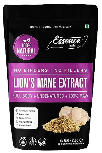 Essence Nutrition Lions Mane Mushroom Extract Powder (45 gm) – Lab Tested, Pure High Beta Glucan & Polysaccharides Mushroom Supplement – Most Potent Imported Supplement