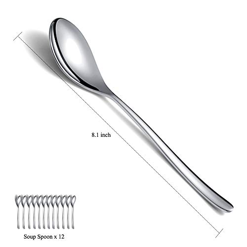 Soup Spoons 12 Pieces, Homquen Stainless Steel 8.1" Smooth Edge Modern Design Spoon Silverware Set Dinner Spoon Table Spoon, Dessert Spoon Dishwasher Safe Easy To Clean #TOP1