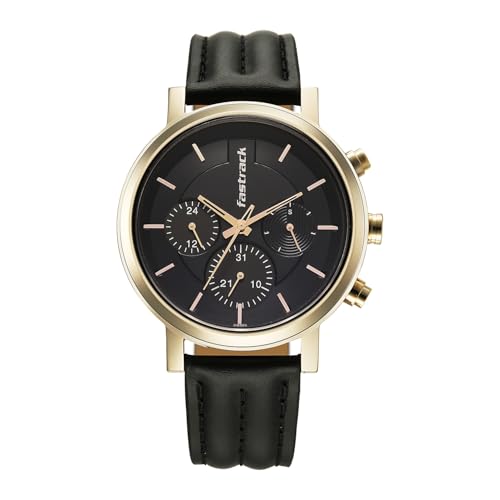 Image of Fastrack Chrome K Quartz Analog with Black Dial Black Leather Strap Watch for Men - 3287QL03