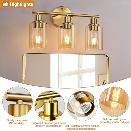 Image of Zarbitta 3-Light Bathroom Light Fixtures, Brushed Gold Vanity Light, Farmhouse Wall Lights with Amber Glass Shades, Bathroom Wall Lamp for Mirror Kitchen Bedroom Hallway Living Room
