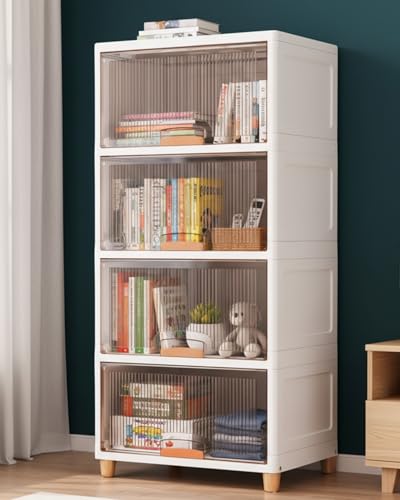 Image of HOMIFLY 4 Tier X-large Plastic Wardrobe for Clothes /Multipurpose Stackable Storage Cabinet /Foldable Space Saving Almirah for Bedroom /Cupboard Organizer for Clothes, Toys, Kitchen(White & Transparent)
