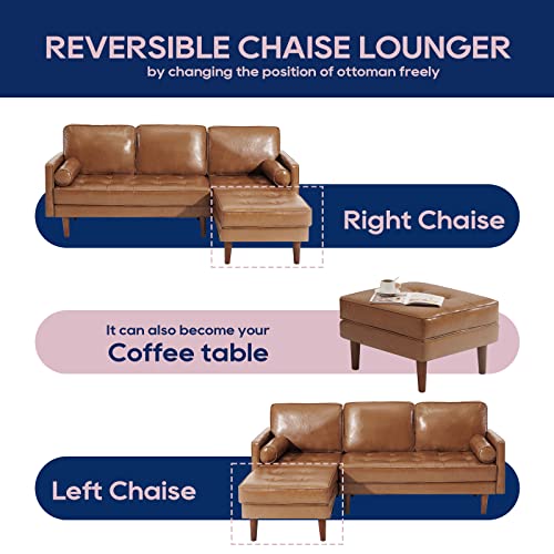 Vonanda Sofa Couch, Convertible Sectional Sofa Faux Leather Couch With Reversible Chaise And Bolster Pillows, L Shaped Couch For Living Room And Small Space, Caramel #TOP3