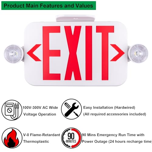 LIT-PaTH LED Combo EXIT Sign with 2 Adjustable Head Lights and Double Face, Back Up Batteries- US Standard Red Letter Emergency Exit Lighting, UL 924 and CEC Qualified, 120-277 Voltage, 4-Pack - Thumbnail 3