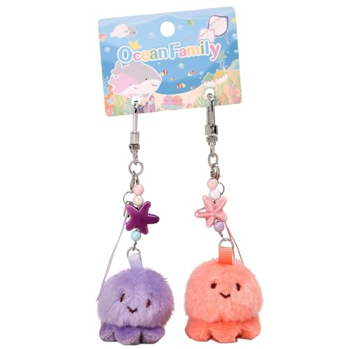 Tizee Cute Plush Keychain 1 Pair - Mini Ocean Animals Bag Charm Gift for Handbags Purses Backpacks, and Car Keys, Purple, Pink, Medium