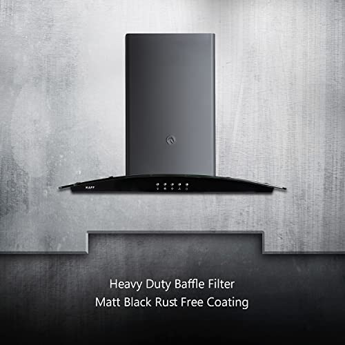 Image of KAFF LUXOR DHC 60 Heavy Duty Baffle Filter Auto Clean Curved Glass Kitchen Chimney 60 CM with 1000 m3 /hr Suction Capacity, Soft Push Buttons, Energy Saving Frosted LED Lights (Black)