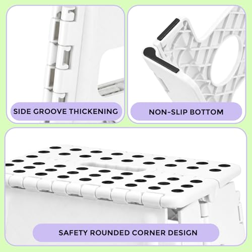 Image of Dyforce Folding Step Stool 13 Inch - Non-Slip Foldable Stool for Adults & Kids, Holds 300 lbs, Lightweight Compact Foot Stool with Handle for Kitchen, Bathroom, Bedroom (White)