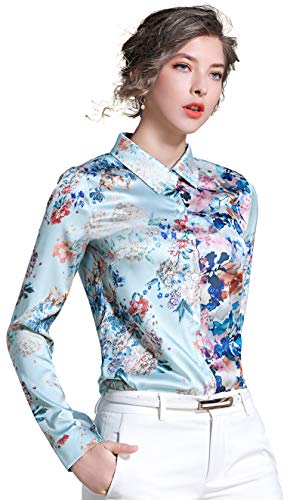 Women's Shirts Floral Print Long Sleeve Button up Casual Blouse Top Light Turquoise