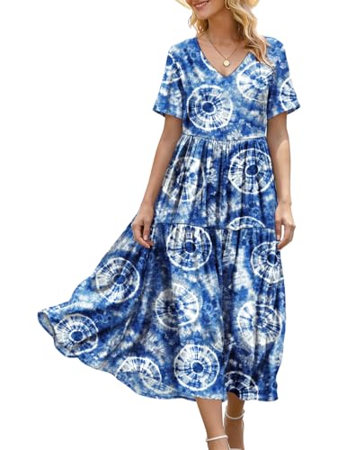 Image of YESNO Women's Summer Maxi Dresses Casual Floral Short Sleeve V Neck Boho Beach Vacation Swing Dress with Pockets EVF