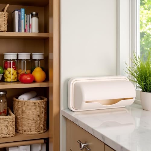 Image of Beige Plastic Trash Bag Dispenser Roll Holder, Trash Bag Holder Dispenser, Kitchen Storage and Organization Accessories, Kitchen Trash Cans