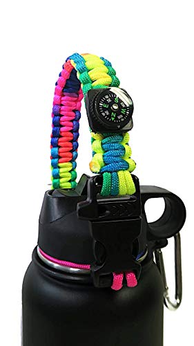 HAZ Handle for Hydro Flask, Paracord Survival Strap with Security Ring and Compass for Simple Modern and Other Wide Mouth Water Bottles (Rainbow)