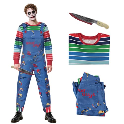 Raveparty Creepy Doll Costume Men, Killer Doll Costume Men, Mens Halloween Costumes with Plastic Knife for Halloween Party (Blue, M) Raveparty Creepy Doll Costume Men, Killer Doll Costume Men, Mens Halloween Costumes with Plastic Knife for Halloween Party (Blue, M)