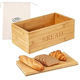 BAIFULAI Panera de bambú: 33 x 19 x 13,5 cm con bolsa de lino y con tapa de madera como tabla de cortar, gran capacidad para guardar el pan fresco (color madera natural)