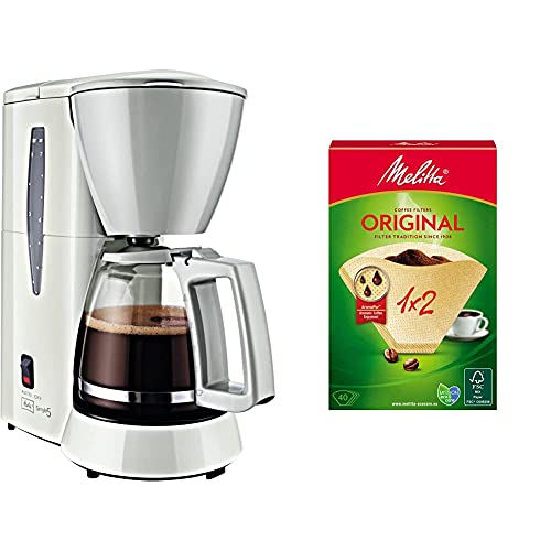 Melitta Cafetera de filtro con jarra de vidrio, Para 5 tazas de café, Single 5, Blanco, M720-1/1 + 502001 Filtros de…