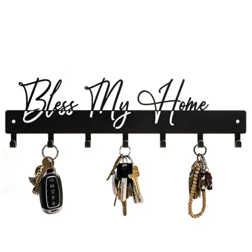 ShowMtheM Exquisite Fashion Phrase Key Holder Wall Mount,Bless My Home Key Hooks for Wall Decoration,Black Metal Key Hanger with 7 Hooks for Entryway,Office,Living Room Decor