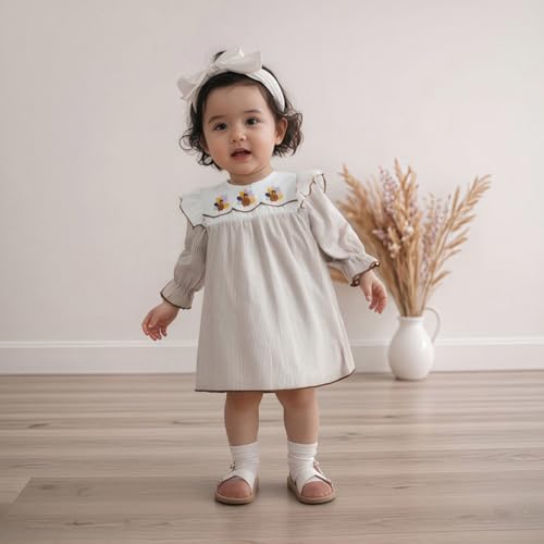 Little Kids Toddler Baby Girl Thanksgiving Dress Turkey Embroidery Long Sleeve Smocked Dress Plaid Fall Dresses2