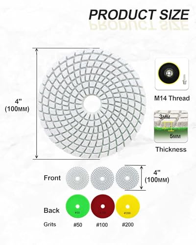 SANLEETEK Nass Diamant Polierscheiben - Diamant Polierpad 6 Stücke 100mm Körnung 50x3/100x2/200 mit M14 Stützteller+Adapter für Granit Marmor Kunststein Quarz für Winkelschleifer