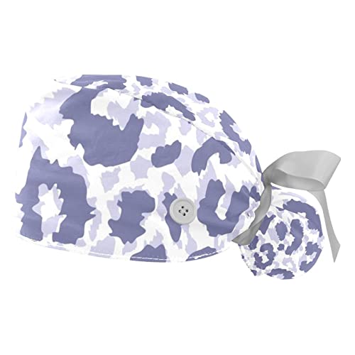 2 PCS Bouffant Cap with Button Ponytail Pouch Working Cap Sweatband Adjustable Surgical Cap Leopard Animal