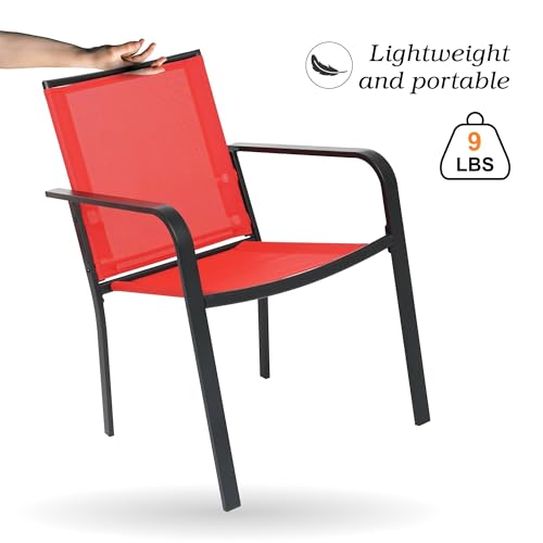 Image of Anmutig 7-Piece Outdoor Dining Set 6 Stackable Chairs & 54 inch Round Table with Umbrella Hole All Weather Furniture Set for LawnDeckBackyard - Red