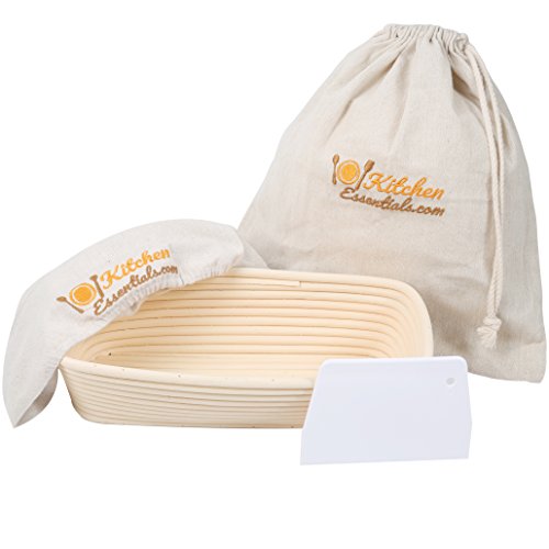 4-In-1 Oval Bread Proofing Basket Set – 12 inch Banneton Proofing Basket + Liner + Scraper + Linen Bag – Rectangle Brotform Proofer Bowl for Artisan Bread, Sourdough, Loaves & Others