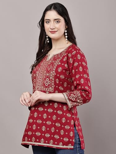 Image of Women's Pink Printed Short Kurti with Lace Trim, 3 /4 Sleeves, Ethnic Indian Style Top