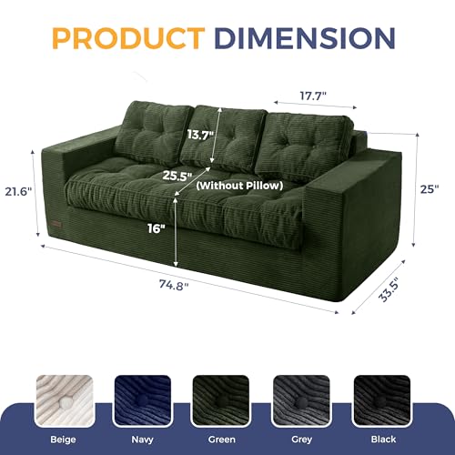 Image of MAXYOYO Loveseat Sofa Couch, Upholstered Bean Bag Chair Cloud Seat for Adults, Boneless Couch with Cushion & Pillows, Sofa in A Box, No Assembly Required, Corded Dark Green, 3-Seat