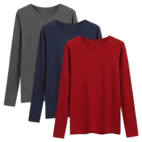 Damen Langarm-T-Shirt mit Rundhalsausschnitt, Rundhals Oberteile Casual Tshirt Pullover Langarm Oberteile Longsleeve Damen Basic Tops 3er Pack Dunkelgrau Rot Dunkelblau GBUR Small Damen Langarm-T-Shirt mit Rundhalsausschnitt, Rundhals Oberteile Casual Tshirt Pullover Langarm Oberteile Longsleeve Damen Basic Tops 3er Pack Dunkelgrau Rot Dunkelblau GBUR Small