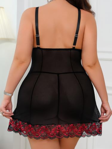 Image of Alrovetoney Women Plus Size Babydoll Lingerie Lace Chemise Mesh Sleepwear Strappy Sexy Nightgown Boudoir Outfit L-4XL