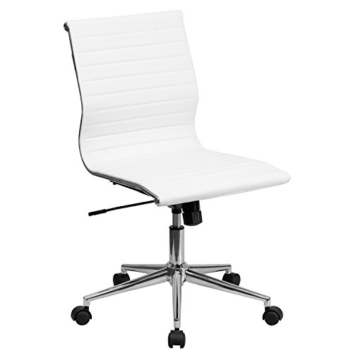 Flash Furniture Mid-Back Armless White Ribbed LeatherSoft Swivel Conference Office Chair, BIFMA Certified