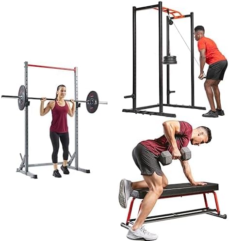 Sunny Health & Fitness Power Rack - SF-XF922059 LAT Pull Down Flat Bench Bundle SF-XFA006 SF-BH6996