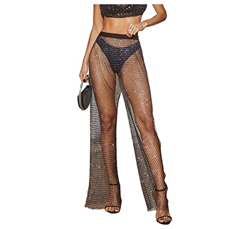 Afrsmw Damen Netzhose mit Strasssteinen Schlaghose Mesh Lange Hose...