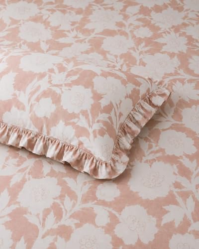 Image of 350 TC Premium Heavy Cotton Feel Elastic Fitted Bedsheet King Size with 2 Frill Pillow Covers King Size || Double Bed with All Around Elastic (PinkFloral, Double)