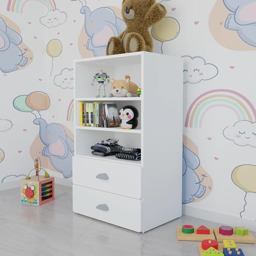 Image of VIKI Kids Wardrobe Almirah - Kids Storage Cabinet with 2 Drawers & Open Shelf for Bedroom, White (40x60x102 cm) | 1 Year Warranty