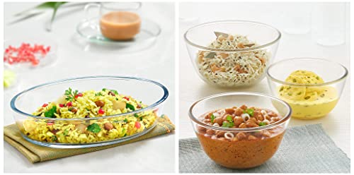 Image of Borosil Oval Baking Dish, 700ml, Transparent & Glass Mixing Bowl - Set of 3 (500 ML + 900 ML + 1.3L) Oven and Microwave Safe Combo