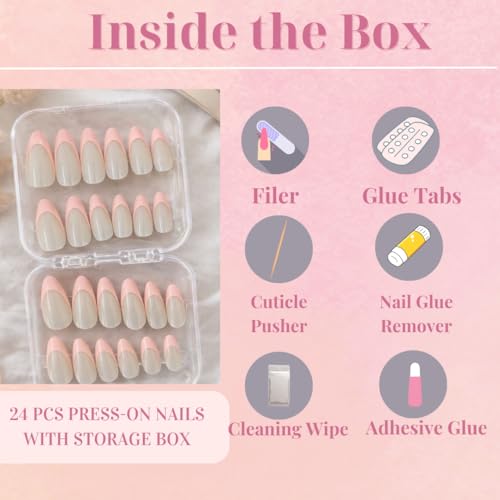 Image of Kriplonn Press On Nails Kit for Women 24 Pcs | Classic Beige Pink French Tip Artificial Nails | Almond Shape Glossy Reusable Fake Nails Extensions | Trendy Office Wear Press On Nails | False Nails | Includes Nail Glue, Glue Tabs, Nail Filer, Cuticle Stick & Nail Organizer