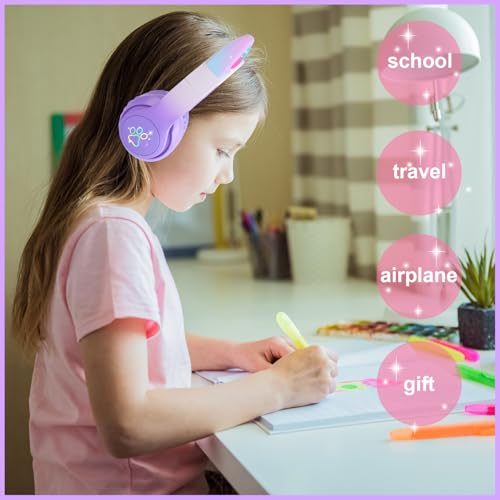Image of Kids Wireless Headphones LED Light up Cat Bluetooth Headphones, Color Changing Cat Ear Wireless Headsets with Microphone for Kids /Girls /School /Christmas (Purple Pro)
