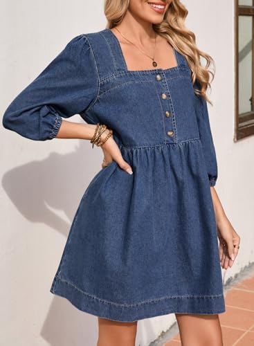 Sidefeel Women's Spring Outfit Denim Dress 3/4 Sleeve Loose Fit Square Neck Summer Jean Dresses with Pockets3