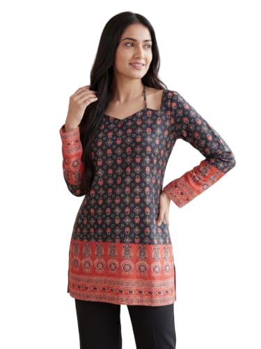 Image of GRECIILOOKS Short Kurti for Women - Printed Modern Tunic Top | Long Ethnic Wester Tops for Woman| Full Sleeve Indo Western Tunic | Comfortable Rich Kurti Tops for Office and Casual