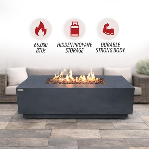 Image of AMS Fireplace Genuine Concrete Rectangular Propane Fire Pit Table for Outside Patio (66 inch Sedona) | Hidden Tank Drawer & Electronic Ignition | w /Bonus Ice Bucket and Rubber Mat (Dark Gray)
