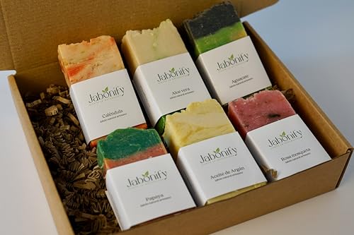 Jabonify Pack Regalo Jabones Naturales Artesanales, 6 Unidades x 100gr, Barra Hidratante, con Rosa Mosqueta, Argán, Caléndula, Aloe Vera, Papaya y Aguacate