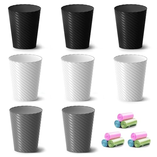 Image of Bathroom Trash Can, 8 Pack 1.8 Gallons Small Trash Can with Trash Bags, Bathroom Garbage Can, Plastic Trash Bin, Round Waste Basket for Bedroom, Office, Kitchen, Room, Compact Space (White Black Grey)
