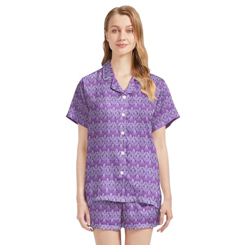 Image of Funny Pajamas for Women Set Print Satin Loungewear Pjs Short Sleeve Button Down Top and Shorts Sets Sleepwear XS-3XL