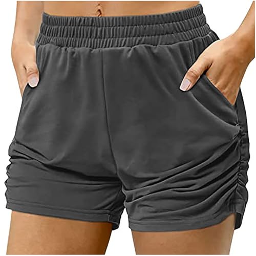 Summer Fashion Athletic Shorts 5 Inch Pleated Soild Color Casual Shorts Stretchy Waist Workout Running Beach Shorts