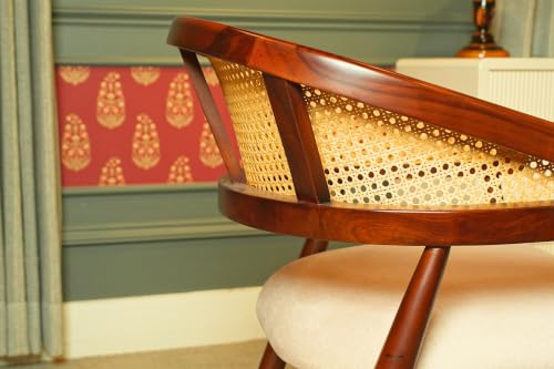 Image of Little eXtra Wooden Cane Dining Chair | Solid Wood Accent Chair with Handwoven Rattan Backrest | Modern Armchair for Living Room, Study & Cafe| 55 x 55 x 81 cm