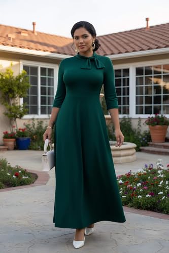 Image of FANDEE Maxi Dress for Women Long Elegant 3 /4 Sleeve Bow Tie Neck A Line Casual Party Church Dresses with Pockets