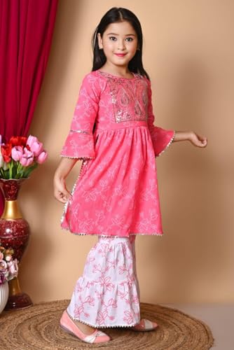 Image of Nfashion Kids Ethnic Wear Cotton Floral Printed Angrakha Kurta Sharara Set For Girls