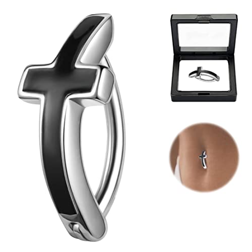 Bodyace 925 Sterling Silver Clicker Belly Button Rings For Women, 14G Cross Belly Barbell Piercing Minimalist Reverse Curved Navel Barbell Body Jewelry (12Mm,Silver Black) #TOP6